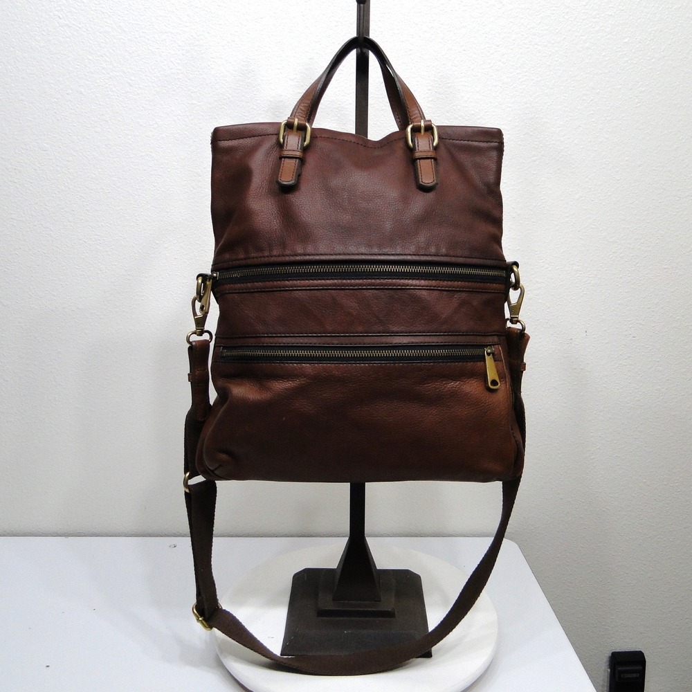 Fossil Brown Leather Convertible Crossbody Tote Bag Double Zip Front Pocket